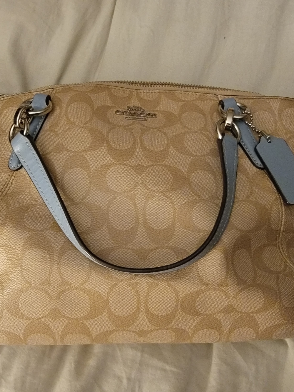 Coach Signature Satchel in Tan with Light Blue Handles